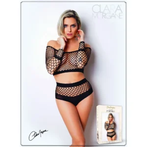 conjunto duas peças rede grossa top faixa ombros descobertos mangas compridas calcinha cintura alta realça busto macio elástico elastano