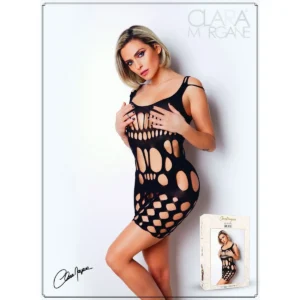 Vestido Justo Preto Rede Clara Morgane Aberturas Quadris Cintura Busto Alças Tiras Decote Redondo Tecido Elástico Flexível Efeito Segunda Pele
