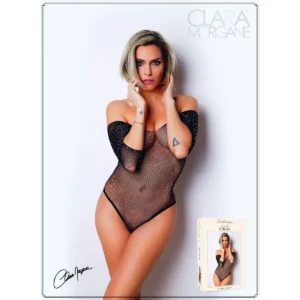 corpo preto mangas três quartos ombros descobertos transparente revela silhueta efeito segunda pele conforto poliamida elastano strass Clara Morgane