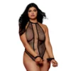 body preto tamanho grande rede fina gola alta couro sintético tachas recorte frontal abertura total correntes pendentes algemas pulso extensíveis