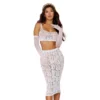 conjunto lingerie sensual branco renda bordada sutiã transparente malha alças largas suporte cinto elástico saia cintura alta recortes entrelaçados costas