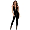 bodystocking preto opaco sem pés decote halter amarrado costas tiras entrelaçadas elásticos fixos frente laterais amplo costas nuas nylon elastano
