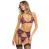 conjunto lingerie azul noite fina malha renda floral sutiã aro cinta liga tanga fio dental