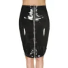 saia vinil preta zíper frontal abertura total rock glamouroso sensual ajuste justo cintura alta mini brilho poliuretano resistente acabamento liso