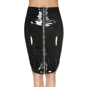 saia vinil preta zíper frontal abertura total rock glamouroso sensual ajuste justo cintura alta mini brilho poliuretano resistente acabamento liso