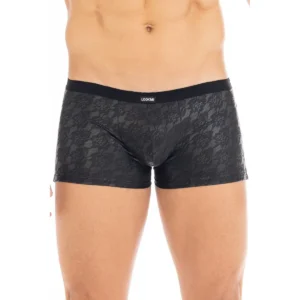 boxer preto sensual couro sintético poliamida elastano renda estampada corteajustado elástico respirável acetinado acabamento conforto ergonômica durável