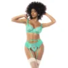 conjunto lingerie três peças renda floral azul oceano sutiã aro alças ajustáveis cintaliga tanga combinando delicada