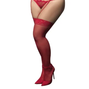 Meias autossustentáveis vermelhas opacas grandes finas delicadas ligas renda faixa interna larga silicone reforçada nylon elastano conforto elegante sedutor