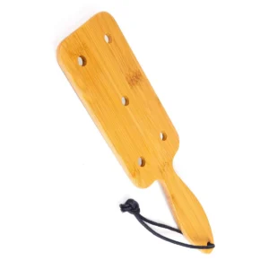 pá bambu rígida larga curta perfurada palmadas suaves acabamentopolido espessura16mm comprimento267mm largura89mm resistente leve ergonomica