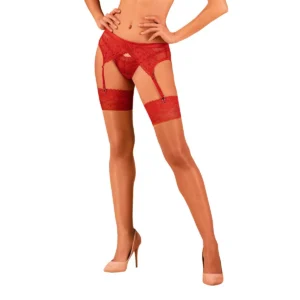 Lacelove meias sensuais quentes rendadas vermelhas sedutoras femininas toque macio corte perfeito poliamida elastano conjunto cintaliga