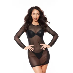 vestido preto tule translúcido leveza feminilidade delicado flexível mangas decote barra passamanarias transparente sensual noite conjunto calcinha elegante sofisticado