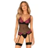 corpete tanga preto sedutor transparente malha estampa floral alças ajustáveis ligas reguláveis aro suporte pingente sutil tecido elástico poliamida elastano