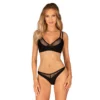 Conjunto Nesari duas peças preto sutiã fio dental alças ajustáveis fecho regulável malha transparente tecido liso pingente dourado brilhante confortável
