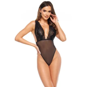 Body preto renda brilhante decote profundo alças cruzadas costas fecho gancho virilha elegante embalagem S M L XL