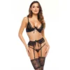 conjunto lingerie preto sutiã bojo acolchoado alças ajustáveis cinto ligas calcinha fio dental renda floral laço delicado embalagem elegante