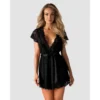 Roupão Sedutor Misterioso Lingerie Sensual Renda Preta Cetim Faixa Cintura Mangas Evasê Conforto Suave Delicado Poliamida Elastano