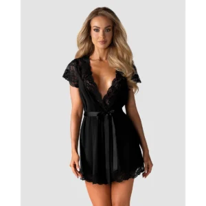 Roupão Sedutor Misterioso Lingerie Sensual Renda Preta Cetim Faixa Cintura Mangas Evasê Conforto Suave Delicado Poliamida Elastano