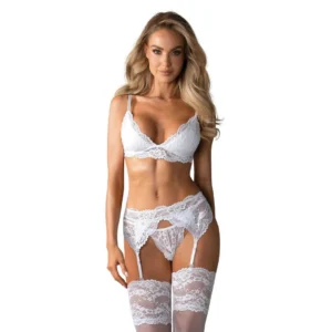 conjunto lingerie sedutor branco sensual cinta liga sutiã alças fecho ajustável copas acolchoadas renda calcinha fio dental macio elastano