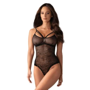 body feminino preto semitransparente poliamida elastano modelador justo curvas floral bordado jóia aplique sensual elegante rendado confortável