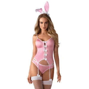 fantasia coelhinha rosa sensual travessa encantadora top espartilho costas amarração alças ajustáveis busto realce calcinha cauda meias orelhas