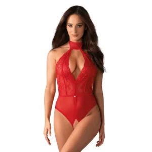Dagmarie teddy vermelho renda sensual decote aberto entrepernas costas nuas fita pescoço detalhe prateado corte feminino confortável delicado