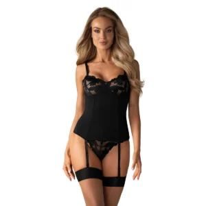 Espartilho Editya preto sensual copas suaves translúcidas armações verticais silhueta destacada alças ligas ajustáveis fecho costas ajustável forro silicone antiderrapante