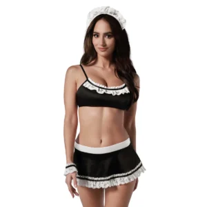 Conjunto empregada doméstica preto sensual renda branca brilho top amarrado costas saia avental laço grande tanga pulseiras faixa