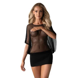 vestido mini frívolo sexy sedutor punk preto transparente mangas largas top saia tecido agradável flexível tanga