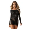 vestido rocker preto sexy sensual macio elástico elastano nylon vazado pescoço ombros mangas longas aberturas tecido ajustado