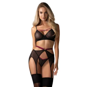 conjunto Novenes preto malha transparente ligas sutiã tanga copas armação fecho múltiplas etapas alças ajustáveis zircões