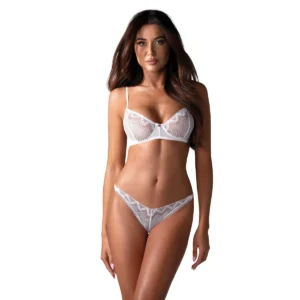 Conjunto Alissium branco fio dental sutiã copas macias armação alças ajustáveis fecho regulável renda geométrica pingente ouro rosa poliamida elastano