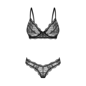 Conjunto Perisia Lingerie Renda Transparente Preto Sutiã Contorno Aro Copas Poliamida Elastano Alças Ajustáveis Calcinha Corte Alto Romântico Sofisticada