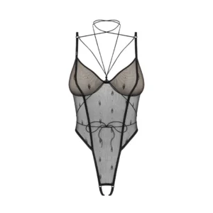 body preto aberto entrepernas abertas arnês alças ajustáveis armações malha bege copas suaves fecho gancho costas transparente logotipo