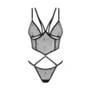 conjunto lingerie sensual preto top string aro copas alças ajustáveis fecho regulável tecido transparente logotipo poliamida elastano sem níquel