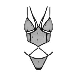 conjunto lingerie sensual preto top string aro copas alças ajustáveis fecho regulável tecido transparente logotipo poliamida elastano sem níquel