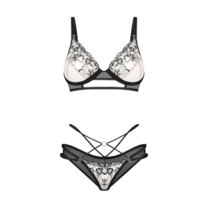 Conjunto Vila Blanes duas peças sutiã calcinha tule bordado floral copas aro alças ajustáveis fecho dourado poliamida elastano