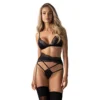 Conjunto três peças Lobellis renda preto sutiã cinta liga tanga alças ajustáveis fecho costas conectores metal pingente poliamida elastano
