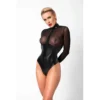Body sedutor justo sexy tule transparente anéis metálicos gola alta brilhante mangas longas zíper vertical corte marcante sensual
