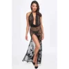 Vestido longo malha flocada transparente costas abertas powernet elástico gola veludo borda veludo inferior fenda lateral sexy frente fluida cativante