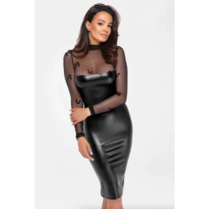 vestido midi vinil brilho malha flocada mangas compridas powernet elástico zíper oculto costas fenda traseira valorizadora pernas sensual