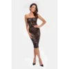vestido midi renda floral transparente sedutor ajustado silhueta cintura marcada costas laço elegante moderno atemporal sofisticado sensual festa noite