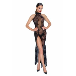 vestido longo tule bordado floral decote alto costas nuas saia fluida fenda alta sensual elegante sofisticado luxo noite festa exclusiva