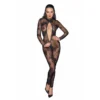 Macacão longo tule transparente elástico fecho três vias bordados flocados sensual feminino colarinho virilha ajustado corpo provocante elegante