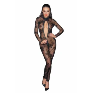 Macacão longo tule transparente elástico fecho três vias bordados flocados sensual feminino colarinho virilha ajustado corpo provocante elegante