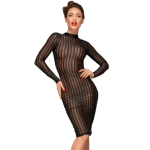 vestido clássico tule elástico powernet transparente midi gola alta botão decote costas renda bordado macio elegante sofisticado festa cerimônia noite