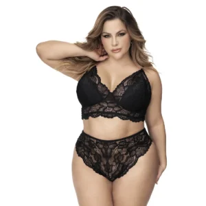 lingerie tamanho grande renda fina floral fibras recicladas sutiã copas duplas alças ajustáveis calcinha cintura alta suave pele clássico sensual