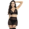 conjunto lingerie glamourosa rede preta geométrica contemporânea sutiã triangular alças ajustáveis tanga saia cintura elástica porta ligas poliamida elastano sensual