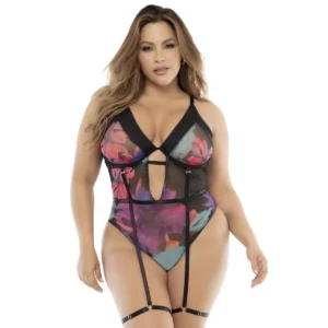 body preto tamanho grande estampado flores exóticas copas aro alças ajustáveis ligas removíveis fecho ajustável virilha composição poliéster elastano nylon