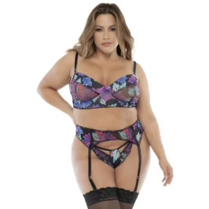 Conjunto três peças preto grande curvilínea voluptuosa estampado floral exótico sutiã copas aro alças ajustáveis removíveis cinta ligas tanga combinada