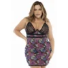 camisola renda preta grande flor exótica estampada malha fina delicada copas armação alças ajustáveis tanga combinando composição poliéster elastano
